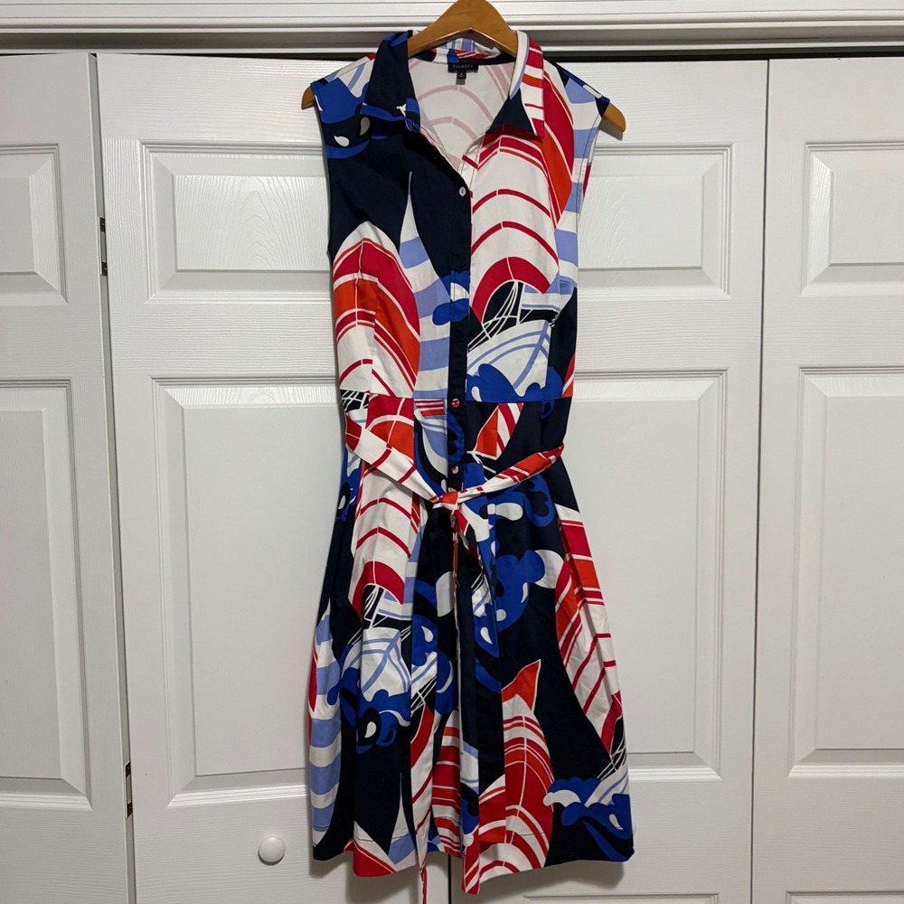 New Talbots Shirtdress Womens 16 Blue White Red Nautical Preppy Coastal Collared